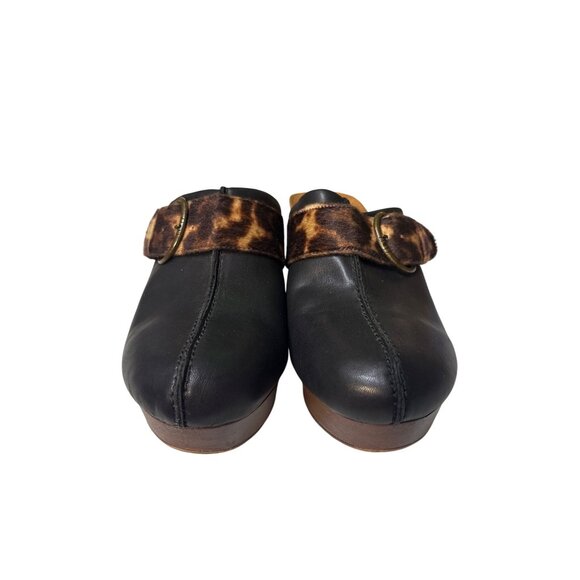 Baretraps Belita Womens 9M Black Clogs With Leopard Accent & Wooden Platform - Picture 2 of 8